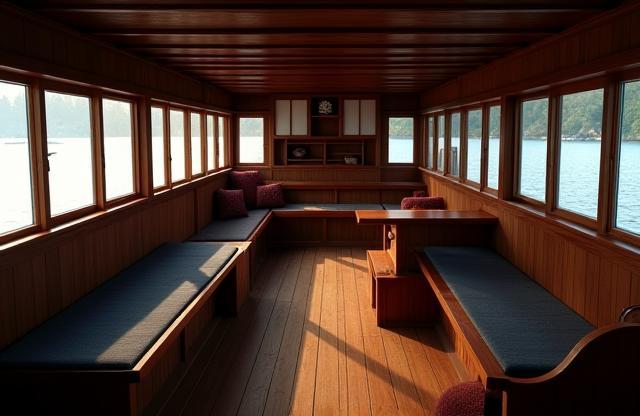 Interior view of a traditional Japanese boat showing seating and craftsmanship