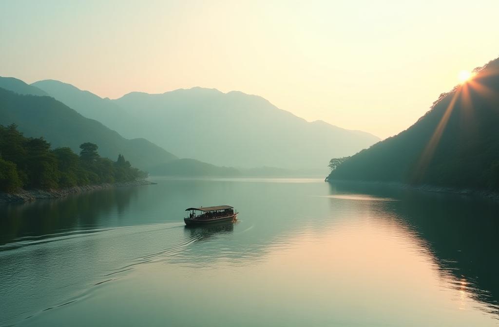 Scenic view of a traditional boat on a calm river in Kyoto with mountains in the background