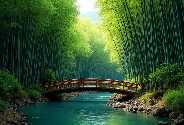 View of the Arashiyama Bamboo Grove and Togetsukyo Bridge from the river