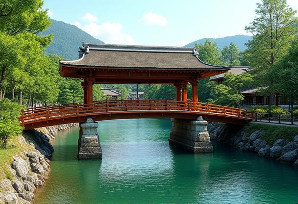 Traditional Japanese bridge spanning a river