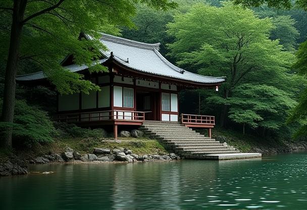 Small temple or shrine building located on the riverbank