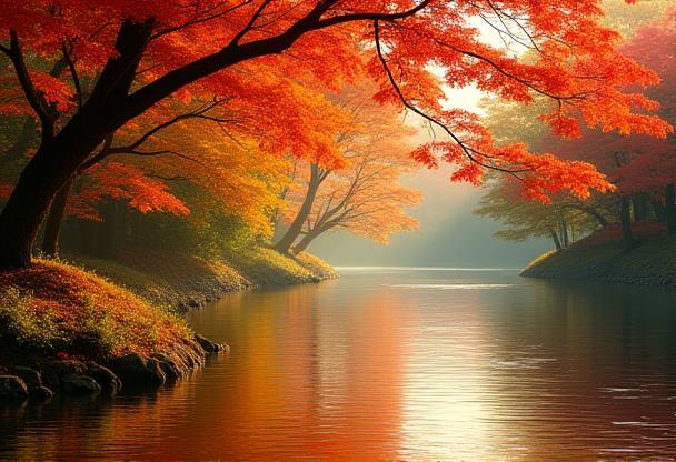 Riverside scene with vibrant autumn foliage