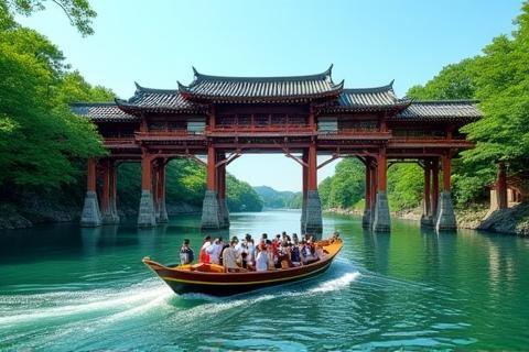 Group on a guided river tour boat passing under a traditional bridge