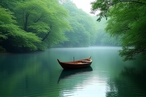 Smaller, private boat on a calm section of the river with lush greenery