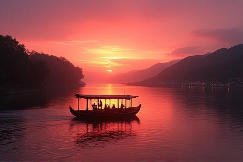 Boat on the river during sunset with warm light reflecting on the water